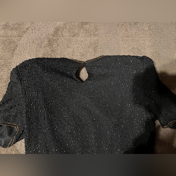 Vintage Scala Gold & Black Beaded Short Sleeve Top Blouse Shoulder Pads Keyhole - Picture 10 of 16